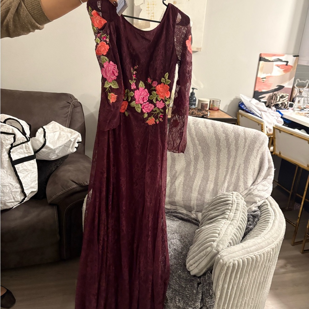 Blumarine Burgundy Floral Long Sleeve Dress